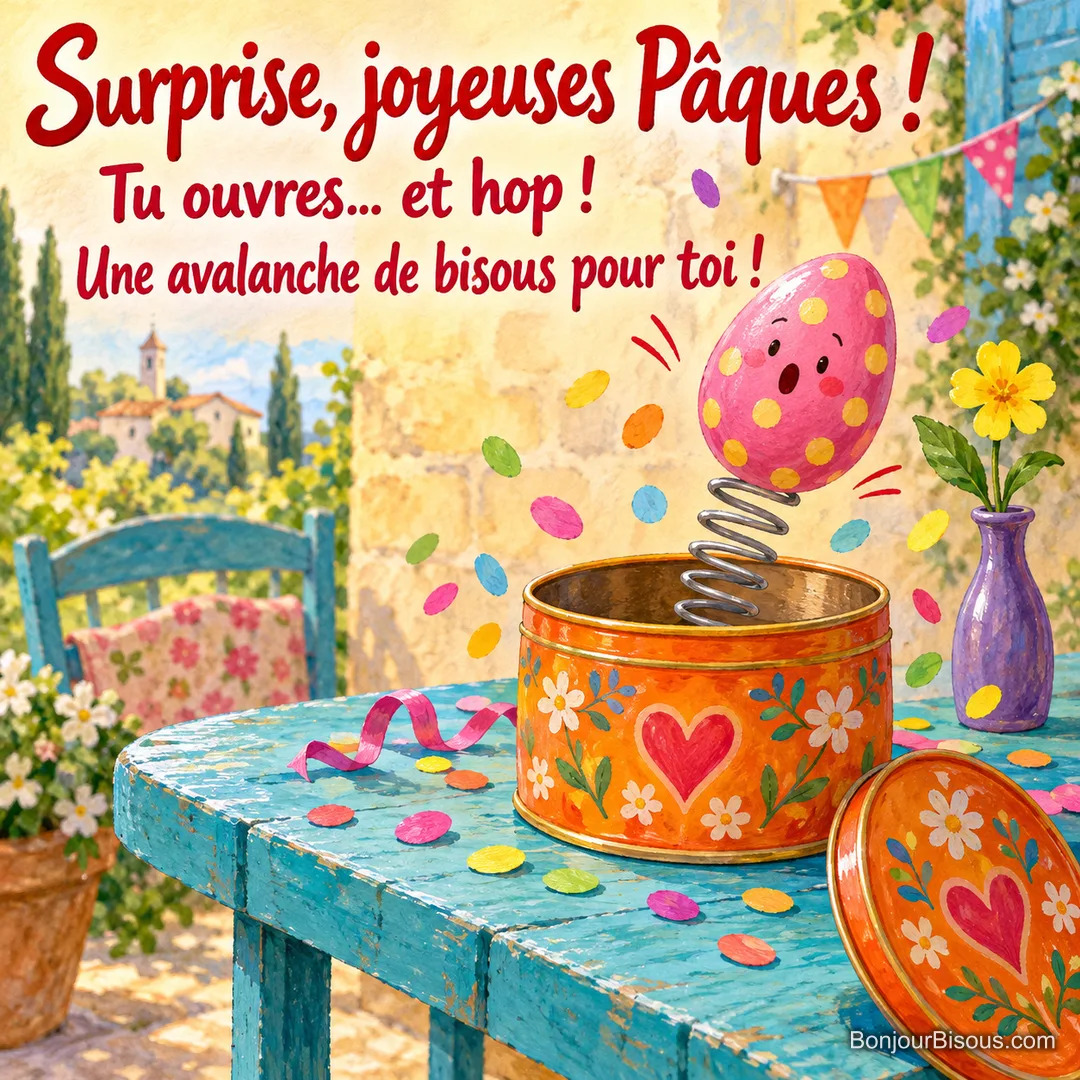 Un œuf de Pâques rose souriant jaillit sur un ressort d’une bonbonnière orange parmi les confettis, avec le texte « Surprise, joyeuses Pâques ! Tu ouvres… et hop ! Une avalanche de bisous pour toi ! ». Un œuf de Pâques rose souriant jaillit sur un ressort d’une bonbonnière orange parmi les confettis, avec le texte « Surprise, joyeuses Pâques ! Tu ouvres… et hop ! Une avalanche de bisous pour toi ! ».