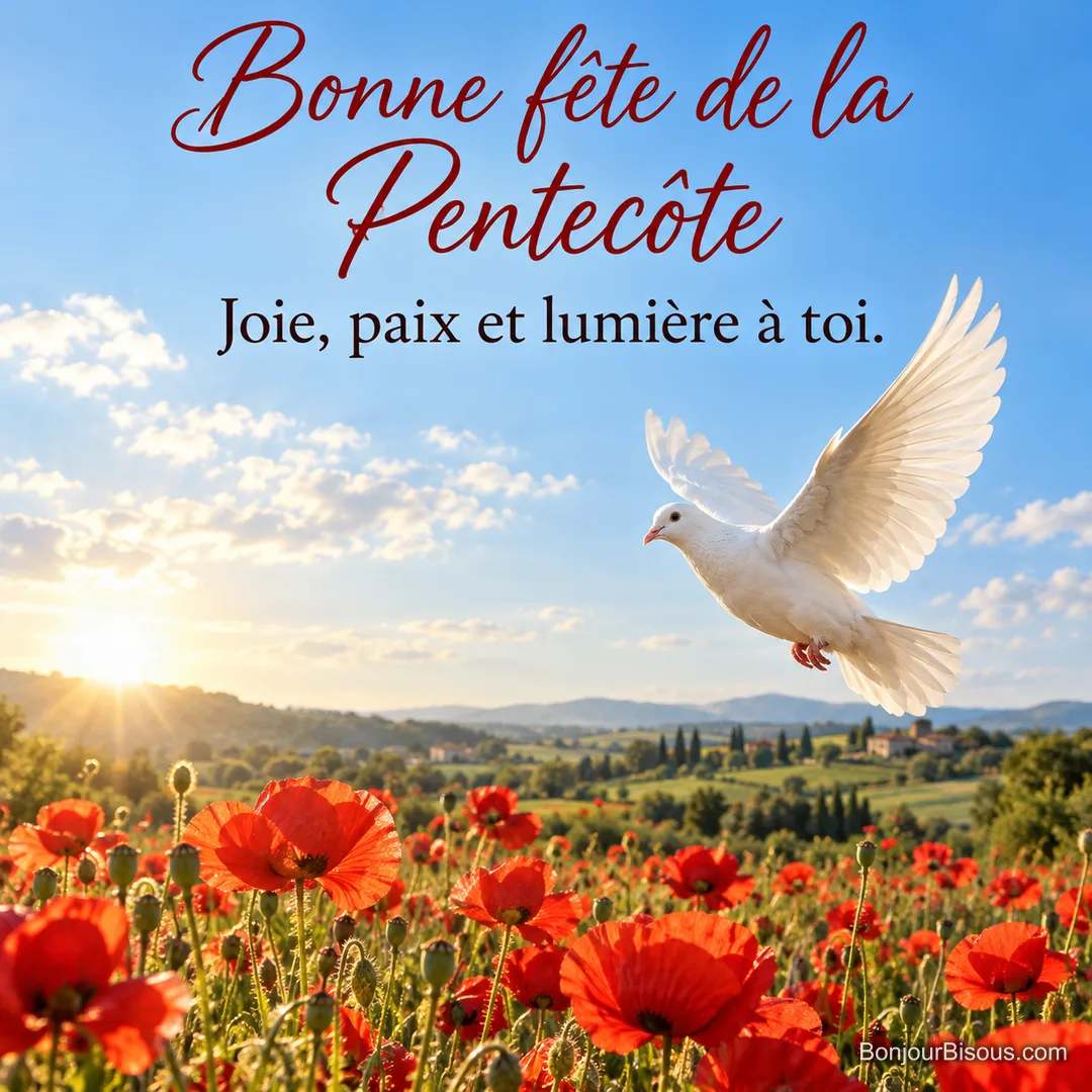 Photo d’une colombe blanche en vol au-dessus d’un champ de coquelicots rouges sous un ciel bleu et un soleil couchant, avec le texte « Bonne fête de la Pentecôte – Joie, paix et lumière à toi. » Photo d’une colombe blanche en vol au-dessus d’un champ de coquelicots rouges sous un ciel bleu et un soleil couchant, avec le texte « Bonne fête de la Pentecôte – Joie, paix et lumière à toi. »