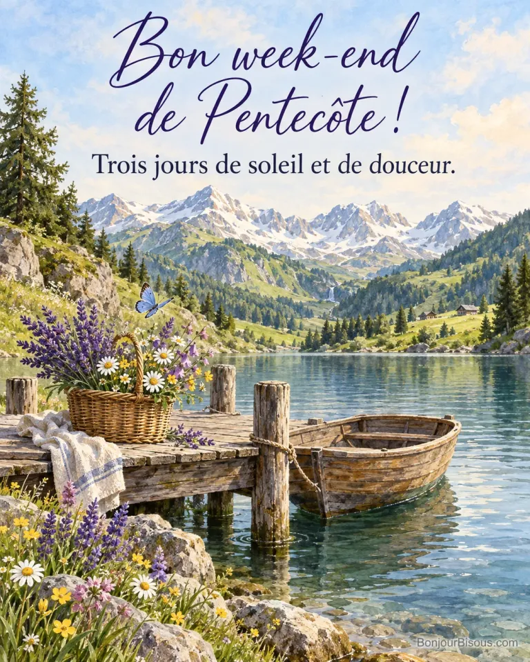 Peinture d’un ponton en bois sur un lac de montagne avec une barque, un panier de lavande et de marguerites et un papillon bleu, sommets enneigés au fond, avec le texte « Bon week-end de Pentecôte ! Trois jours de soleil et de douceur. »