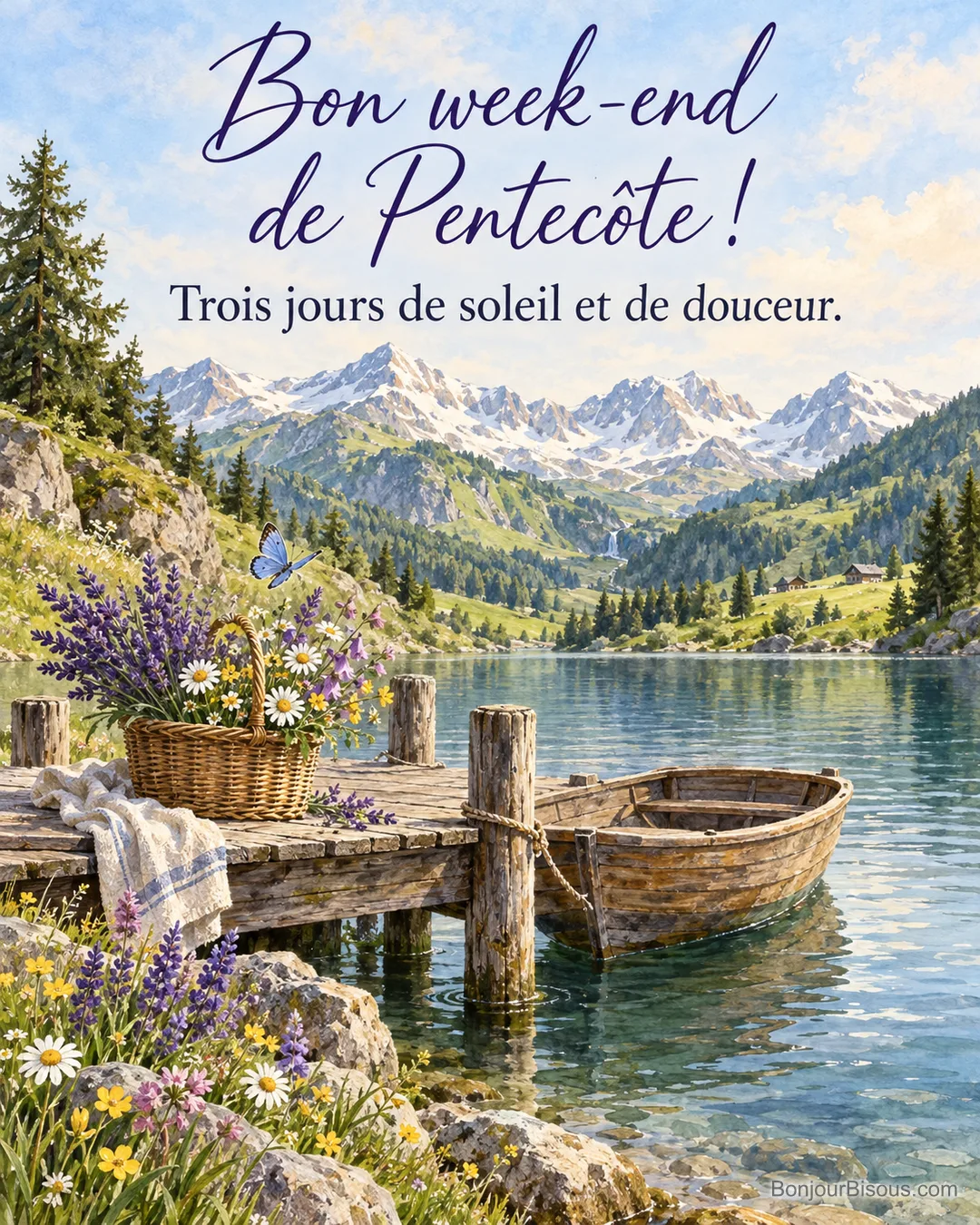 Peinture d’un ponton en bois sur un lac de montagne avec une barque, un panier de lavande et de marguerites et un papillon bleu, sommets enneigés au fond, avec le texte « Bon week-end de Pentecôte ! Trois jours de soleil et de douceur. » Peinture d’un ponton en bois sur un lac de montagne avec une barque, un panier de lavande et de marguerites et un papillon bleu, sommets enneigés au fond, avec le texte « Bon week-end de Pentecôte ! Trois jours de soleil et de douceur. »