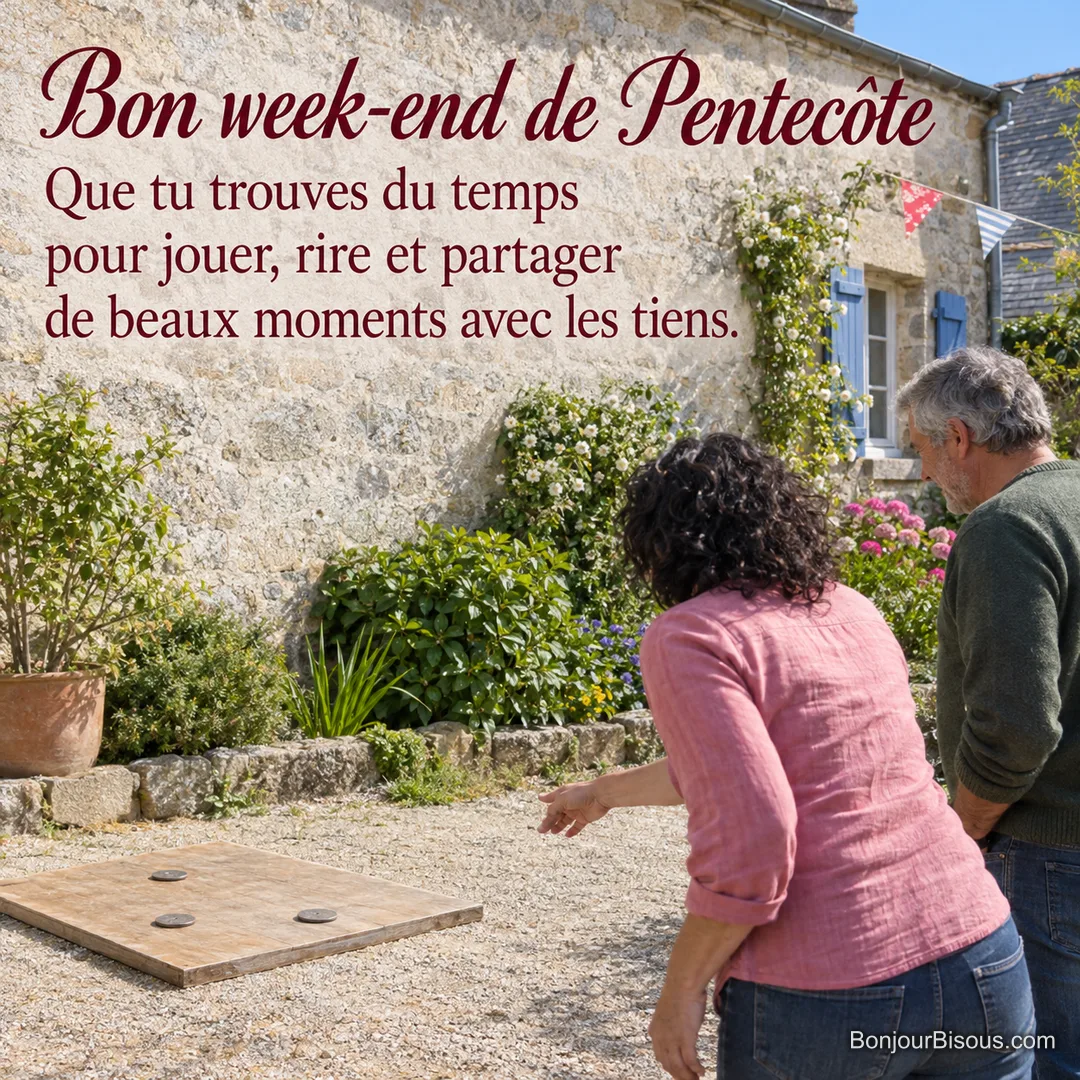 Deux amis jouent aux palets dans une cour bretonne fleurie pendant le week-end de Pentecôte, avec le texte « Bon week-end de Pentecôte Que tu trouves du temps pour jouer, rire et partager de beaux moments avec les tiens. ». Deux amis jouent aux palets dans une cour bretonne fleurie pendant le week-end de Pentecôte, avec le texte « Bon week-end de Pentecôte Que tu trouves du temps pour jouer, rire et partager de beaux moments avec les tiens. ».
