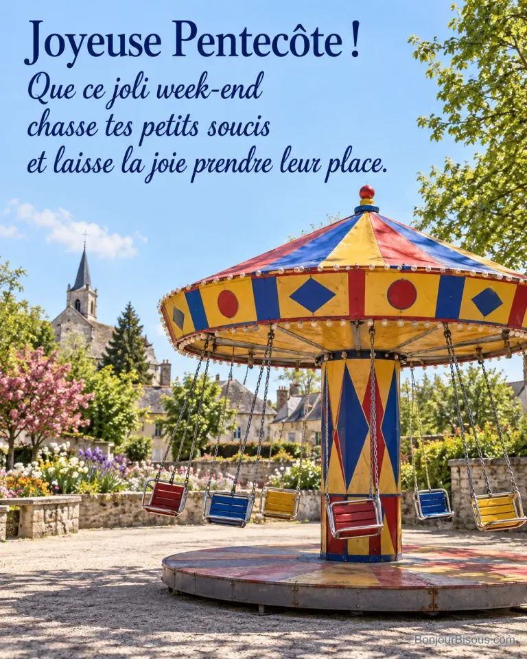 Un manège de six chaises volantes colorées tourne dans une fête foraine de village sous le ciel bleu, avec le texte « Joyeuse Pentecôte ! Que ce joli week-end chasse tes petits soucis et laisse la joie prendre leur place. ».