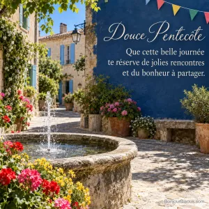 Une fontaine de village provençal coule au milieu de fleurs vives et de volets colorés au printemps, avec le texte « Douce Pentecôte Que cette belle journée te réserve de jolies rencontres et du bonheur à partager. ».