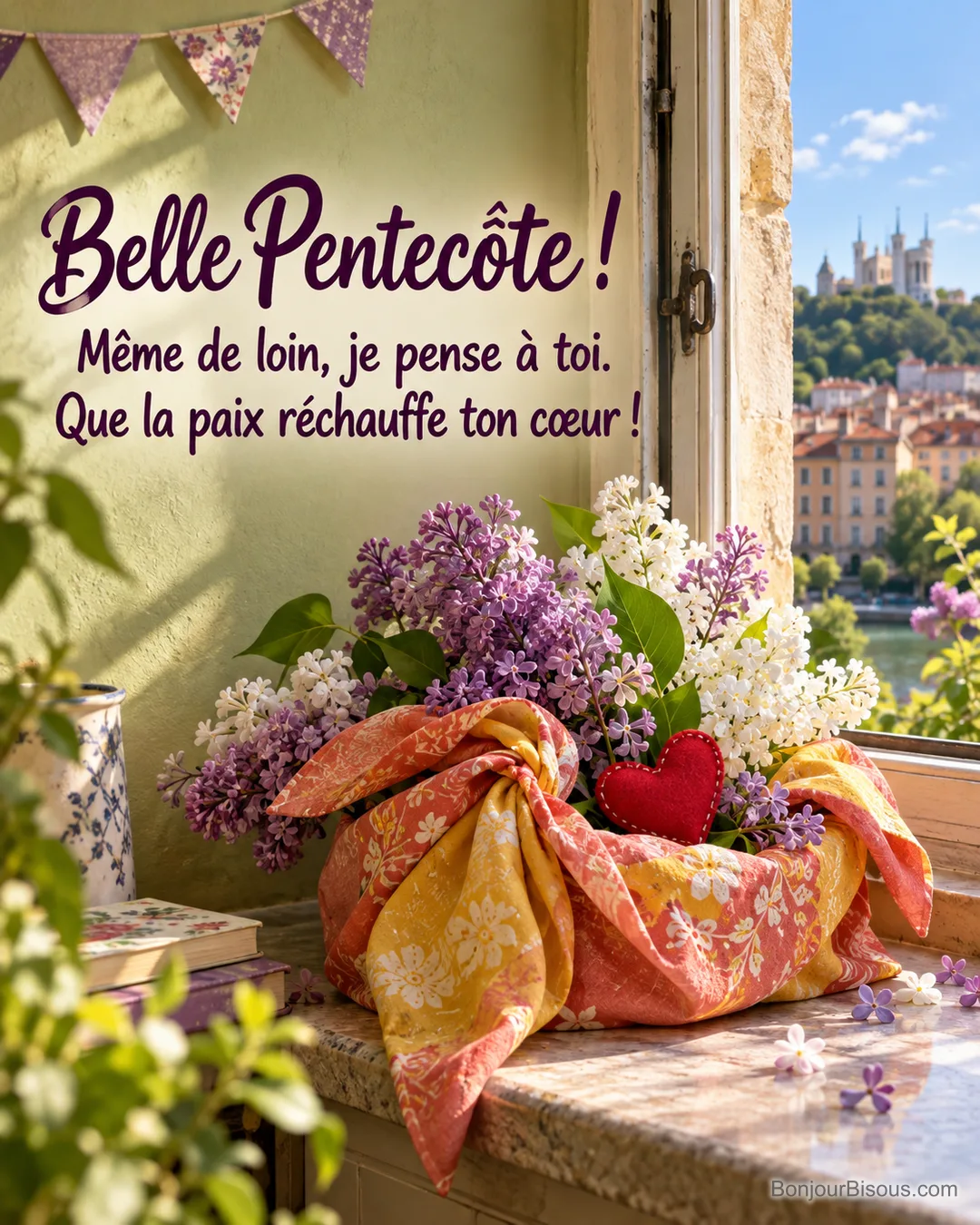 Un baluchon de tissu corail s’ouvre sur des lilas de mai et un petit cœur offert, avec le texte « Belle Pentecôte ! Même de loin, je pense à toi. Que la paix réchauffe ton cœur ! ». Un baluchon de tissu corail s’ouvre sur des lilas de mai et un petit cœur offert, avec le texte « Belle Pentecôte ! Même de loin, je pense à toi. Que la paix réchauffe ton cœur ! ».