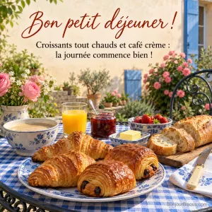 Photo d’un petit déjeuner français sur une table de jardin avec croissants, pains au chocolat, bol de café, jus d’orange, confiture, fraises et baguette, avec le texte « Bon petit déjeuner ! Croissants tout chauds et café crème : la journée commence bien ! »