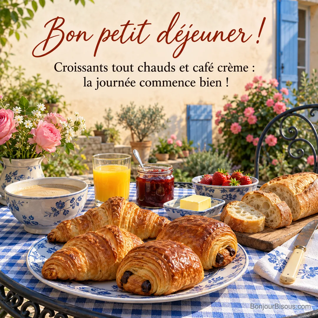 Photo d’un petit déjeuner français sur une table de jardin avec croissants, pains au chocolat, bol de café, jus d’orange, confiture, fraises et baguette, avec le texte « Bon petit déjeuner ! Croissants tout chauds et café crème : la journée commence bien ! » Photo d’un petit déjeuner français sur une table de jardin avec croissants, pains au chocolat, bol de café, jus d’orange, confiture, fraises et baguette, avec le texte « Bon petit déjeuner ! Croissants tout chauds et café crème : la journée commence bien ! »