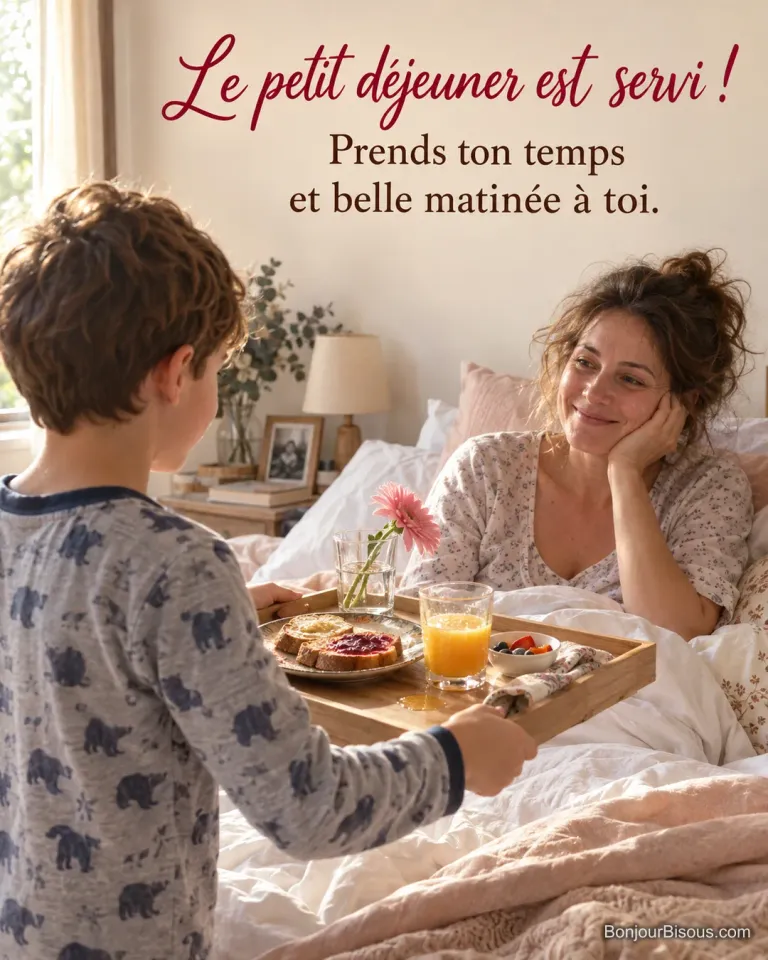 Photo d’un garçon en pyjama qui apporte un plateau avec tartines, jus d’orange et une fleur à sa mère souriante dans son lit, avec le texte « Le petit déjeuner est servi ! Prends ton temps et belle matinée à toi. »