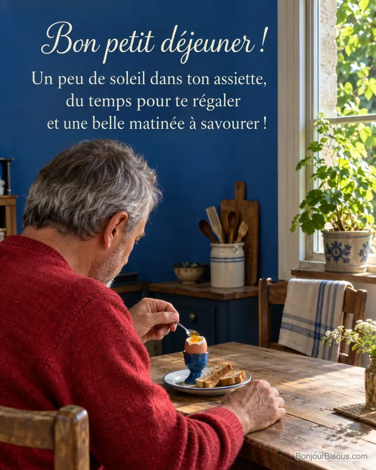 Un homme déguste un œuf à la coque dans une cuisine bleue éclairée par le matin, avec le texte « Bon petit déjeuner ! Un peu de soleil dans ton assiette, du temps pour te régaler et une belle matinée à savourer ! ».