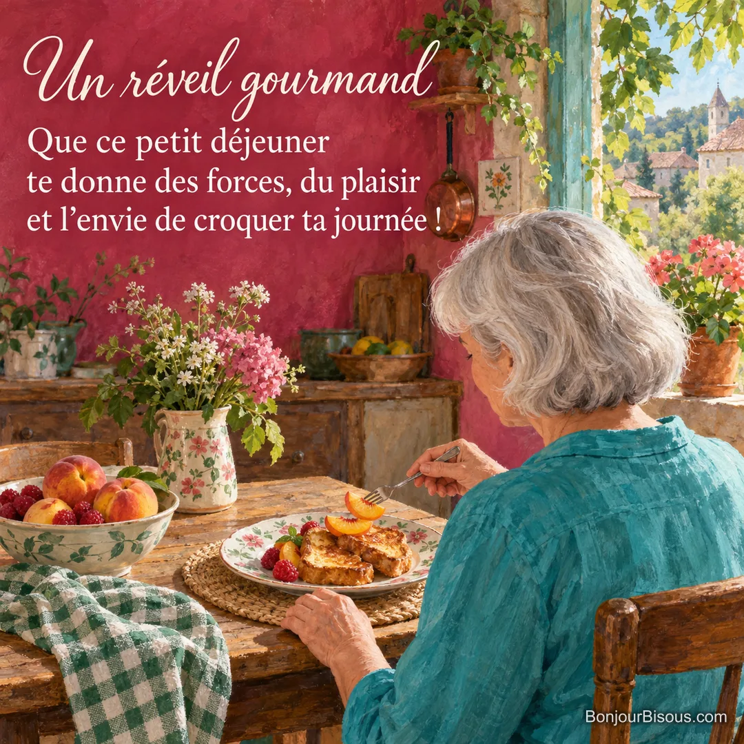 Une femme dépose un quartier de pêche sur du pain perdu dans une cuisine colorée, avec le texte « Un réveil gourmand Que ce petit déjeuner te donne des forces, du plaisir et l’envie de croquer ta journée ! ». Une femme dépose un quartier de pêche sur du pain perdu dans une cuisine colorée, avec le texte « Un réveil gourmand Que ce petit déjeuner te donne des forces, du plaisir et l’envie de croquer ta journée ! ».