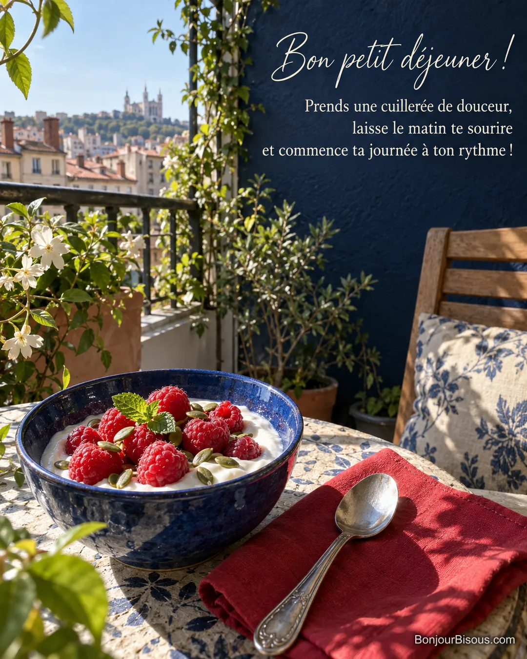 Un bol de fromage blanc aux framboises et graines de courge attend sur une loggia lyonnaise, avec le texte « Bon petit déjeuner ! Prends une cuillerée de douceur, laisse le matin te sourire et commence ta journée à ton rythme ! ». Un bol de fromage blanc aux framboises et graines de courge attend sur une loggia lyonnaise, avec le texte « Bon petit déjeuner ! Prends une cuillerée de douceur, laisse le matin te sourire et commence ta journée à ton rythme ! ».