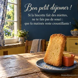 Une grande biscotte s’appuie contre un minuscule beurrier rouge dans une cuisine ensoleillée, avec le texte « Bon petit déjeuner ! Si la biscotte fait des miettes, ne te fais pas de souci : que ta matinée reste croustillante ! ».