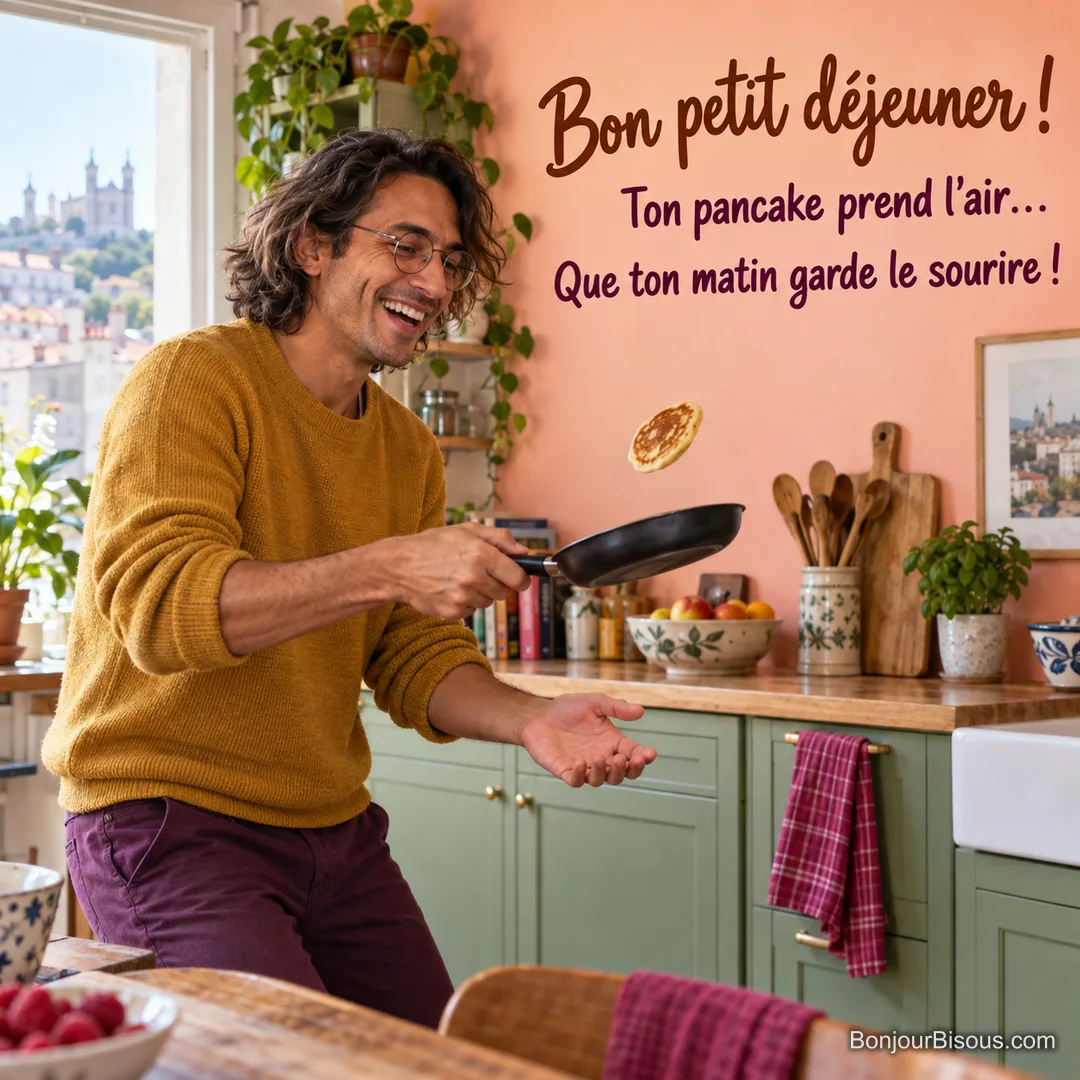Un bibliothécaire aux lunettes rondes rit en rattrapant un mini-pancake au-dessus de sa petite poêle, avec le texte « Bon petit déjeuner ! Ton pancake prend l’air… Que ton matin garde le sourire ! ». Un bibliothécaire aux lunettes rondes rit en rattrapant un mini-pancake au-dessus de sa petite poêle, avec le texte « Bon petit déjeuner ! Ton pancake prend l’air… Que ton matin garde le sourire ! ».