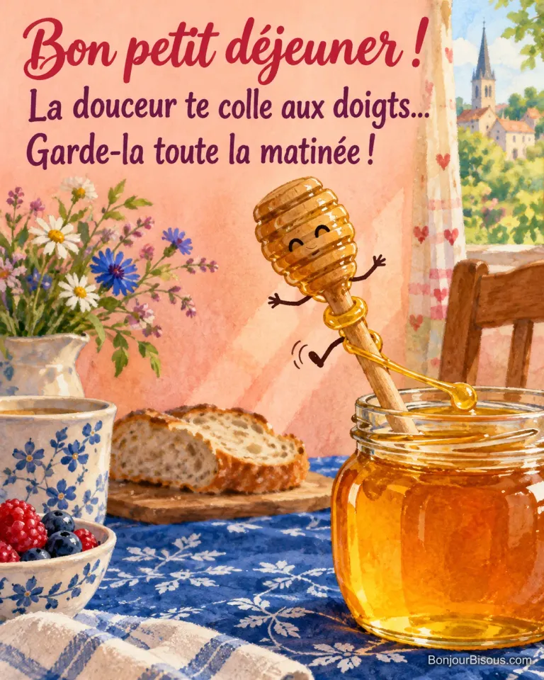 Une cuillère à miel souriante se retrouve entourée par son propre filet de miel au bord du pot, avec le texte « Bon petit déjeuner ! La douceur te colle aux doigts… Garde-la toute la matinée ! ».