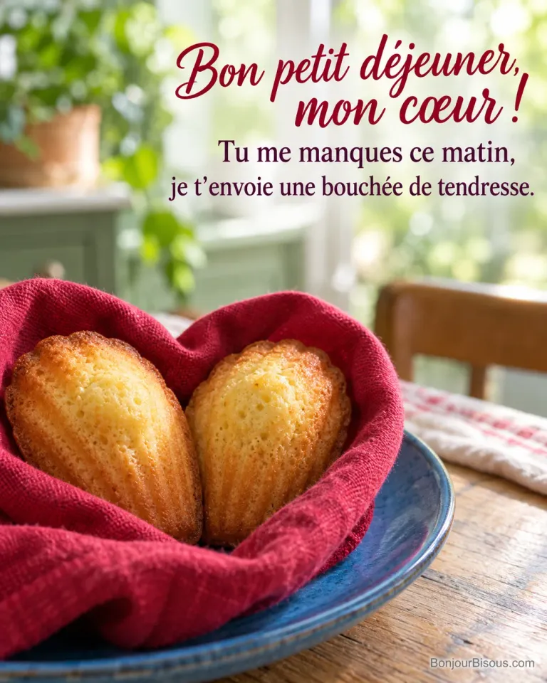 Deux madeleines dorées se touchent dans une serviette rouge qui dessine un cœur, avec le texte « Bon petit déjeuner, mon cœur ! Tu me manques ce matin, je t’envoie une bouchée de tendresse. ».