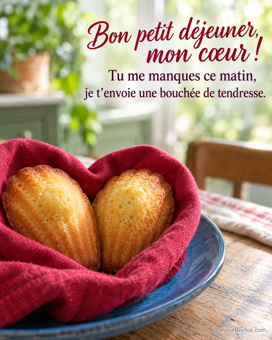 Deux madeleines dorées se touchent dans une serviette rouge qui dessine un cœur, avec le texte « Bon petit déjeuner, mon cœur ! Tu me manques ce matin, je t’envoie une bouchée de tendresse. ». Deux madeleines dorées se touchent dans une serviette rouge qui dessine un cœur, avec le texte « Bon petit déjeuner, mon cœur ! Tu me manques ce matin, je t’envoie une bouchée de tendresse. ».