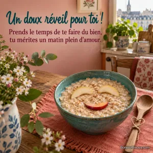 Un bol de porridge souriant aux morceaux de poire et de prune attend sur un set de table corail, avec le texte « Un doux réveil pour toi ! Prends le temps de te faire du bien, tu mérites un matin plein d’amour. ».