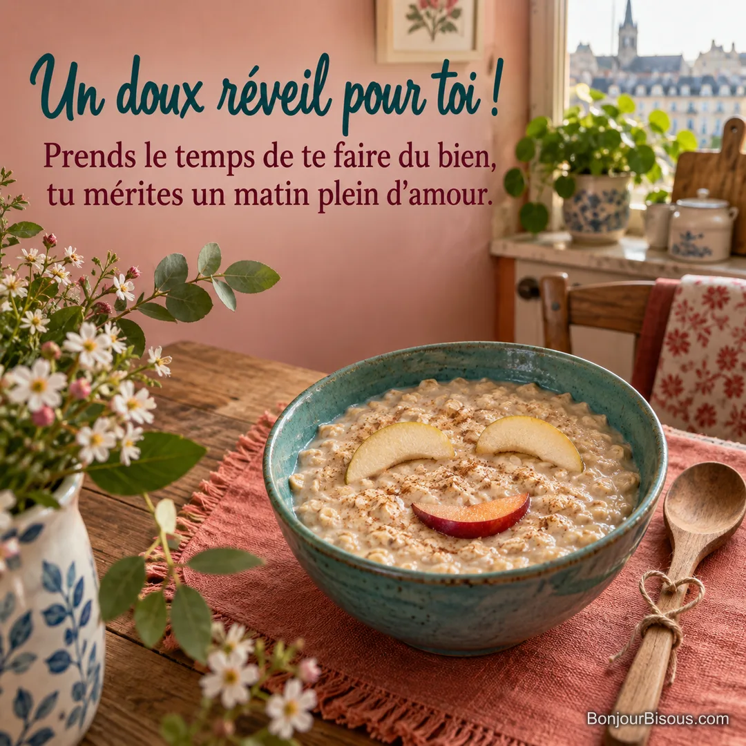 Un bol de porridge souriant aux morceaux de poire et de prune attend sur un set de table corail, avec le texte « Un doux réveil pour toi ! Prends le temps de te faire du bien, tu mérites un matin plein d’amour. ». Un bol de porridge souriant aux morceaux de poire et de prune attend sur un set de table corail, avec le texte « Un doux réveil pour toi ! Prends le temps de te faire du bien, tu mérites un matin plein d’amour. ».