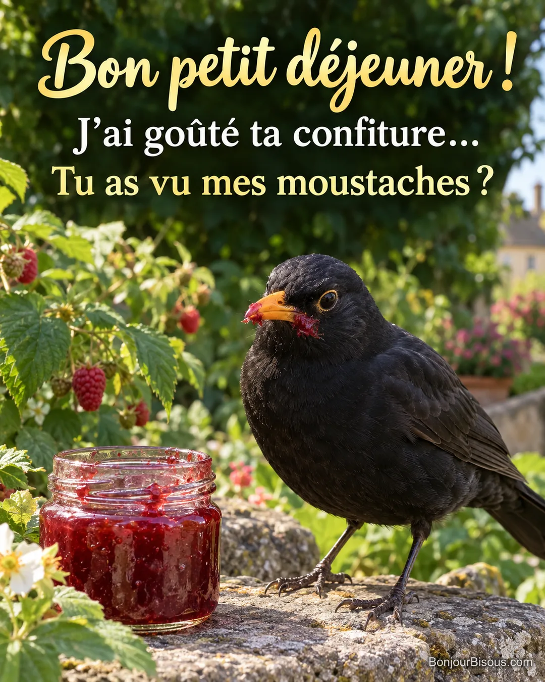 Un merle a de petites moustaches de confiture rouge autour du bec après avoir goûté au pot. Le message est : « Bon petit déjeuner ! J’ai goûté ta confiture… Tu as vu mes moustaches ? ». Un merle a de petites moustaches de confiture rouge autour du bec après avoir goûté au pot. Le message est : « Bon petit déjeuner ! J’ai goûté ta confiture… Tu as vu mes moustaches ? ».