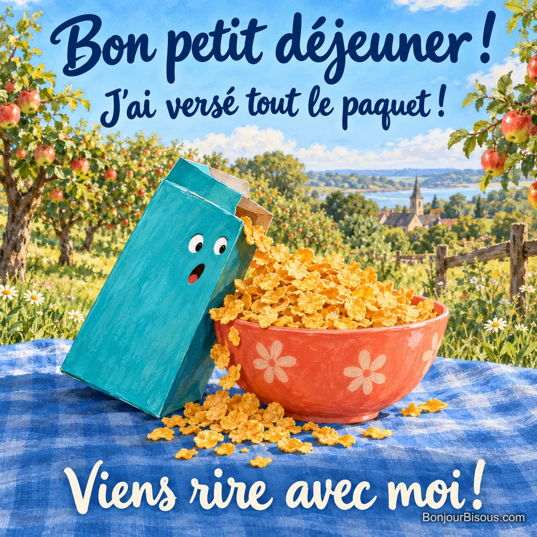 Une boîte de céréales étonnée a versé tout son contenu dans un bol qui déborde sur la nappe. Le message est : « Bon petit déjeuner ! J’ai versé tout le paquet ! Viens rire avec moi ! ».