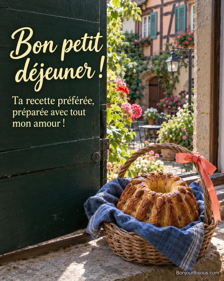 Un petit kouglof fait maison, préparé comme une attention personnelle, attend dans un panier noué d’un ruban. Le message est : « Bon petit déjeuner ! Ta recette préférée, préparée avec tout mon amour ! ».