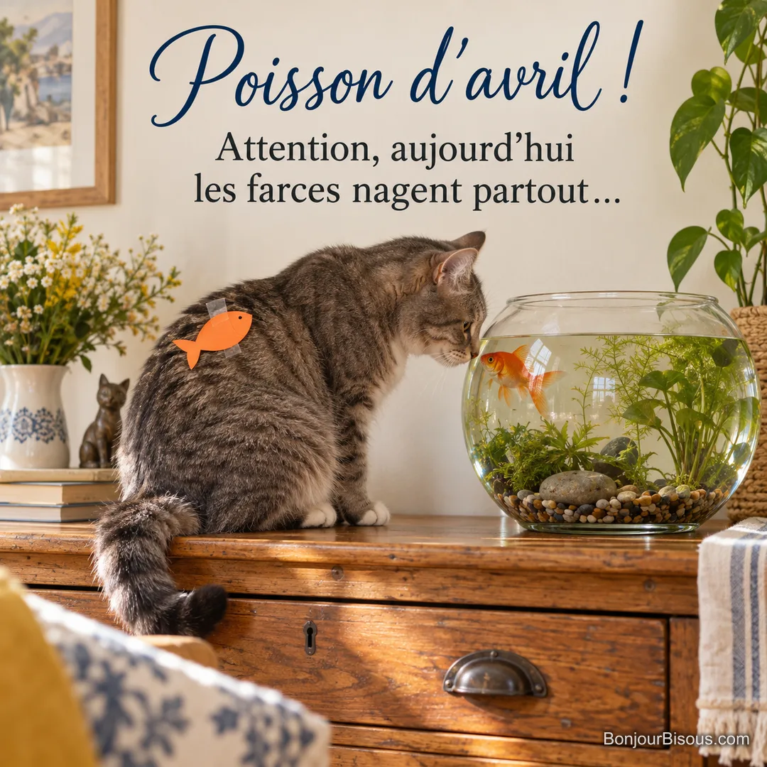 Photo d’un chat tigré gris face à un bocal où nage un poisson rouge, un poisson en papier orange scotché sur son dos, avec le texte « Poisson d’avril ! Attention, aujourd’hui les farces nagent partout… » Photo d’un chat tigré gris face à un bocal où nage un poisson rouge, un poisson en papier orange scotché sur son dos, avec le texte « Poisson d’avril ! Attention, aujourd’hui les farces nagent partout… »