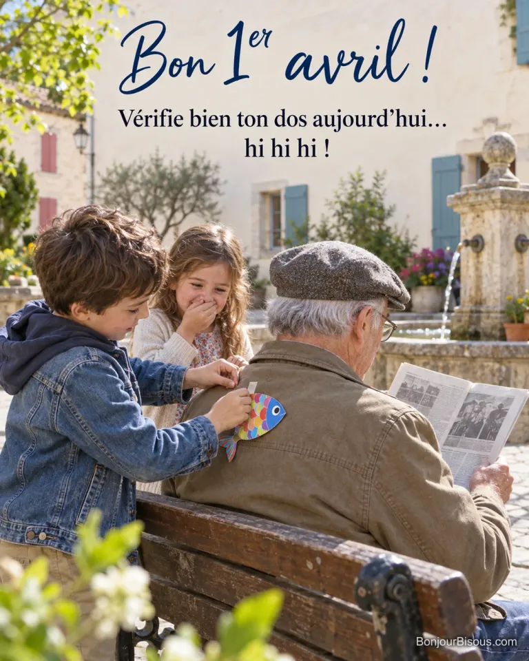 Photo d’un garçon sur la pointe des pieds qui colle un poisson en papier coloré dans le dos d’un grand-père lisant le journal sur un banc, une fillette se cache la bouche pour ne pas rire, avec le texte « Bon 1er avril ! Vérifie bien ton dos aujourd’hui… hi hi hi ! »