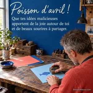 Un homme imprime un poisson bleu avec un tampon artisanal dans un atelier parisien, avec le texte « Poisson d’avril ! Que tes idées malicieuses apportent de la joie autour de toi et de beaux sourires à partager. ».