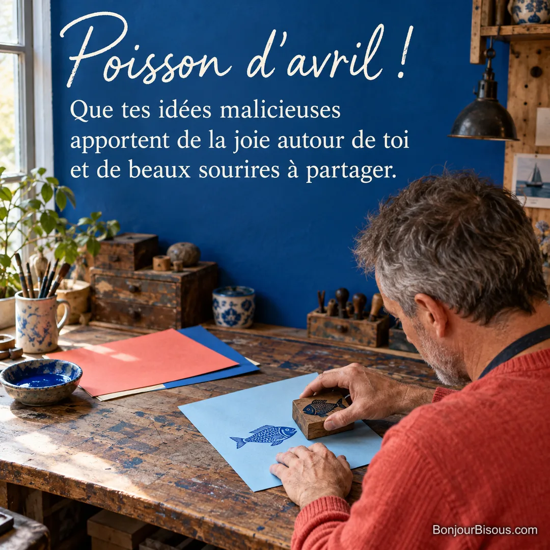Un homme imprime un poisson bleu avec un tampon artisanal dans un atelier parisien, avec le texte « Poisson d’avril ! Que tes idées malicieuses apportent de la joie autour de toi et de beaux sourires à partager. ». Un homme imprime un poisson bleu avec un tampon artisanal dans un atelier parisien, avec le texte « Poisson d’avril ! Que tes idées malicieuses apportent de la joie autour de toi et de beaux sourires à partager. ».