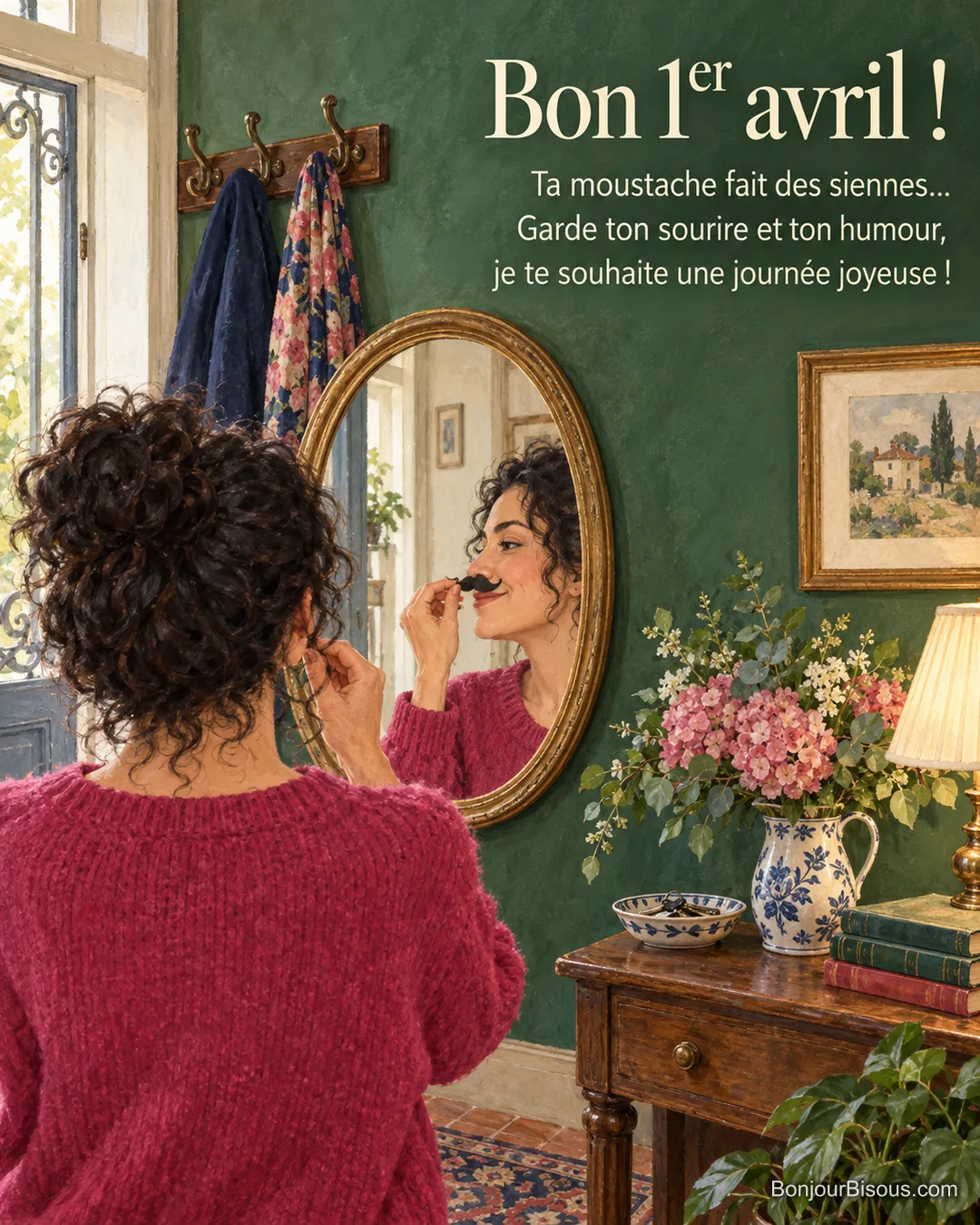 Une femme ajuste une fausse moustache devant un miroir dans une entrée colorée, avec le texte « Bon 1er avril ! Ta moustache fait des siennes… Garde ton sourire et ton humour, je te souhaite une journée joyeuse ! ». Une femme ajuste une fausse moustache devant un miroir dans une entrée colorée, avec le texte « Bon 1er avril ! Ta moustache fait des siennes… Garde ton sourire et ton humour, je te souhaite une journée joyeuse ! ».