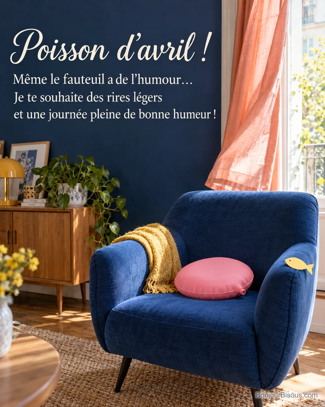 Un coussin farceur rose attend sur un fauteuil bleu dans un salon lumineux, avec le texte « Poisson d’avril ! Même le fauteuil a de l’humour… Je te souhaite des rires légers et une journée pleine de bonne humeur ! ». Un coussin farceur rose attend sur un fauteuil bleu dans un salon lumineux, avec le texte « Poisson d’avril ! Même le fauteuil a de l’humour… Je te souhaite des rires légers et une journée pleine de bonne humeur ! ».