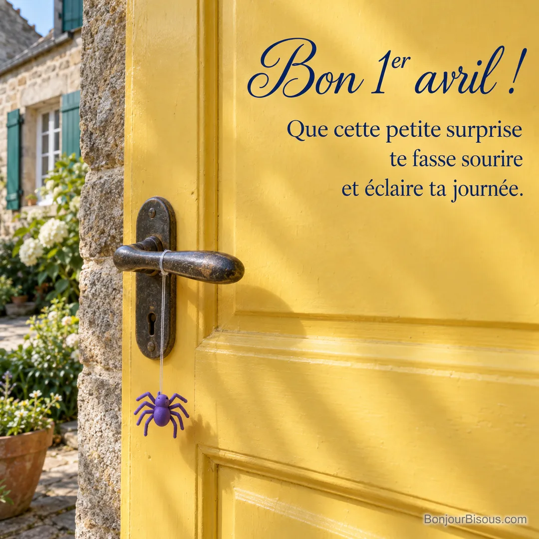 Un nid abrite trois œufs bleu-vert sur une branche fleurie au printemps, avec le texte « Bon 1er avril ! Que cette petite surprise te fasse sourire et éclaire ta journée. ». Un nid abrite trois œufs bleu-vert sur une branche fleurie au printemps, avec le texte « Bon 1er avril ! Que cette petite surprise te fasse sourire et éclaire ta journée. ».
