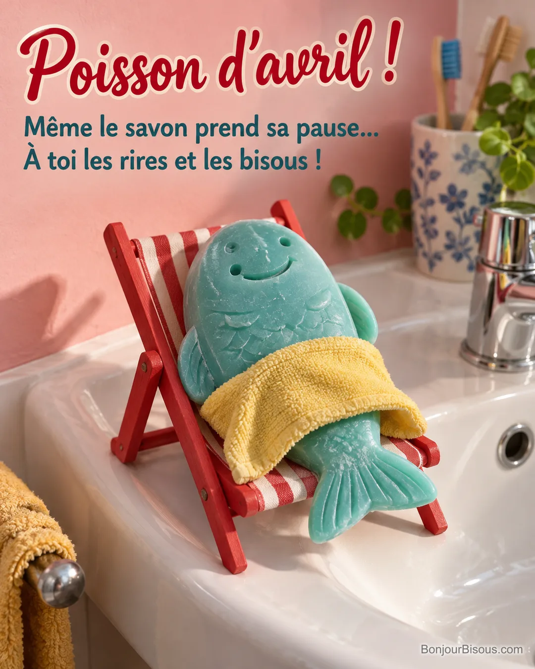 Un savon turquoise en forme de poisson se prélasse sur un minuscule transat rouge au bord d’un lavabo, avec le texte « Poisson d’avril ! Même le savon prend sa pause… À toi les rires et les bisous ! ». Un savon turquoise en forme de poisson se prélasse sur un minuscule transat rouge au bord d’un lavabo, avec le texte « Poisson d’avril ! Même le savon prend sa pause… À toi les rires et les bisous ! ».