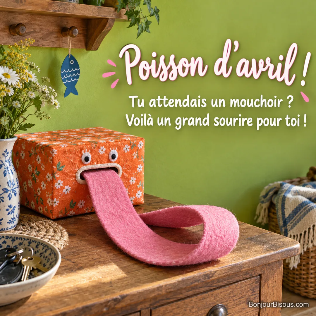 Une boîte à mouchoirs orange tire une longue langue de feutre rose à la place du papier, avec le texte « Poisson d’avril ! Tu attendais un mouchoir ? Voilà un grand sourire pour toi ! ». Une boîte à mouchoirs orange tire une longue langue de feutre rose à la place du papier, avec le texte « Poisson d’avril ! Tu attendais un mouchoir ? Voilà un grand sourire pour toi ! ».