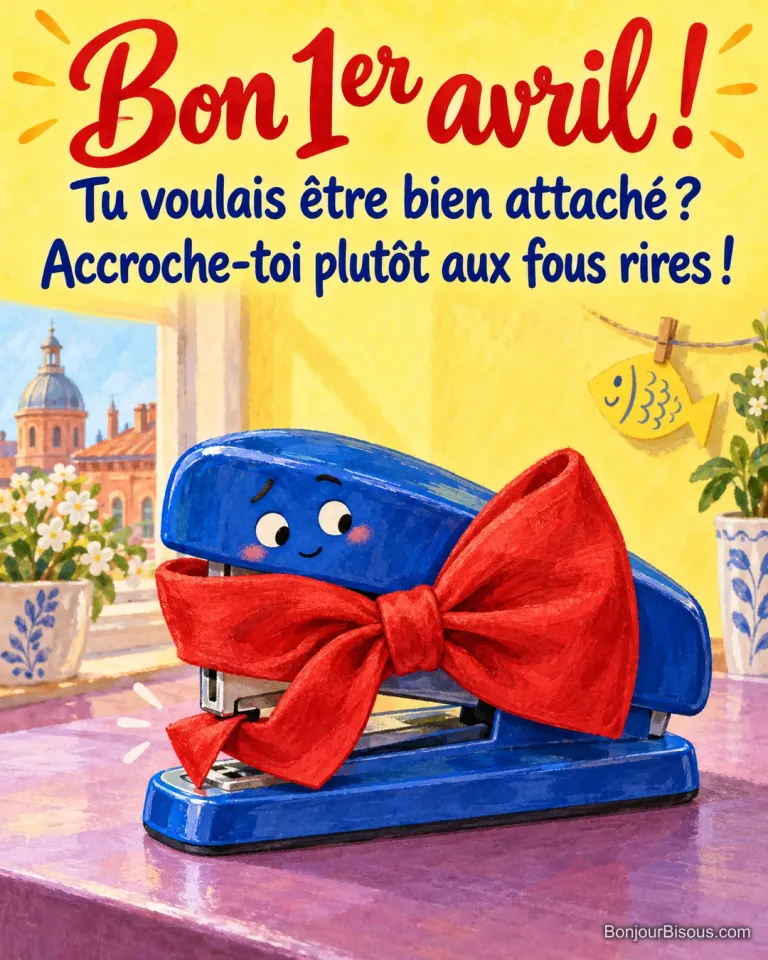 Une agrafeuse bleue a coincé le bout de son immense nœud papillon rouge entre ses mâchoires, avec le texte « Bon 1er avril ! Tu voulais être bien attaché ? Accroche-toi plutôt aux fous rires ! ».