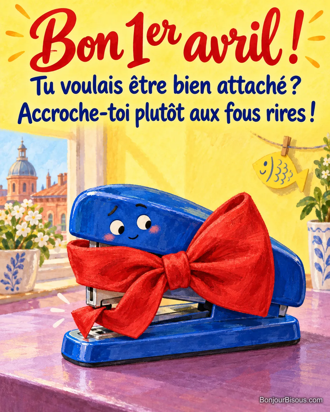 Une agrafeuse bleue a coincé le bout de son immense nœud papillon rouge entre ses mâchoires, avec le texte « Bon 1er avril ! Tu voulais être bien attaché ? Accroche-toi plutôt aux fous rires ! ». Une agrafeuse bleue a coincé le bout de son immense nœud papillon rouge entre ses mâchoires, avec le texte « Bon 1er avril ! Tu voulais être bien attaché ? Accroche-toi plutôt aux fous rires ! ».
