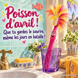 Une brosse à dents rose arbore une immense crête de poils multicolores ébouriffés, avec le texte « Poisson d’avril ! Que tu gardes le sourire, même les jours en bataille ! ».