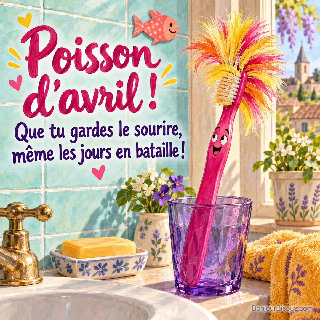 Une brosse à dents rose arbore une immense crête de poils multicolores ébouriffés, avec le texte « Poisson d’avril ! Que tu gardes le sourire, même les jours en bataille ! ». Une brosse à dents rose arbore une immense crête de poils multicolores ébouriffés, avec le texte « Poisson d’avril ! Que tu gardes le sourire, même les jours en bataille ! ».