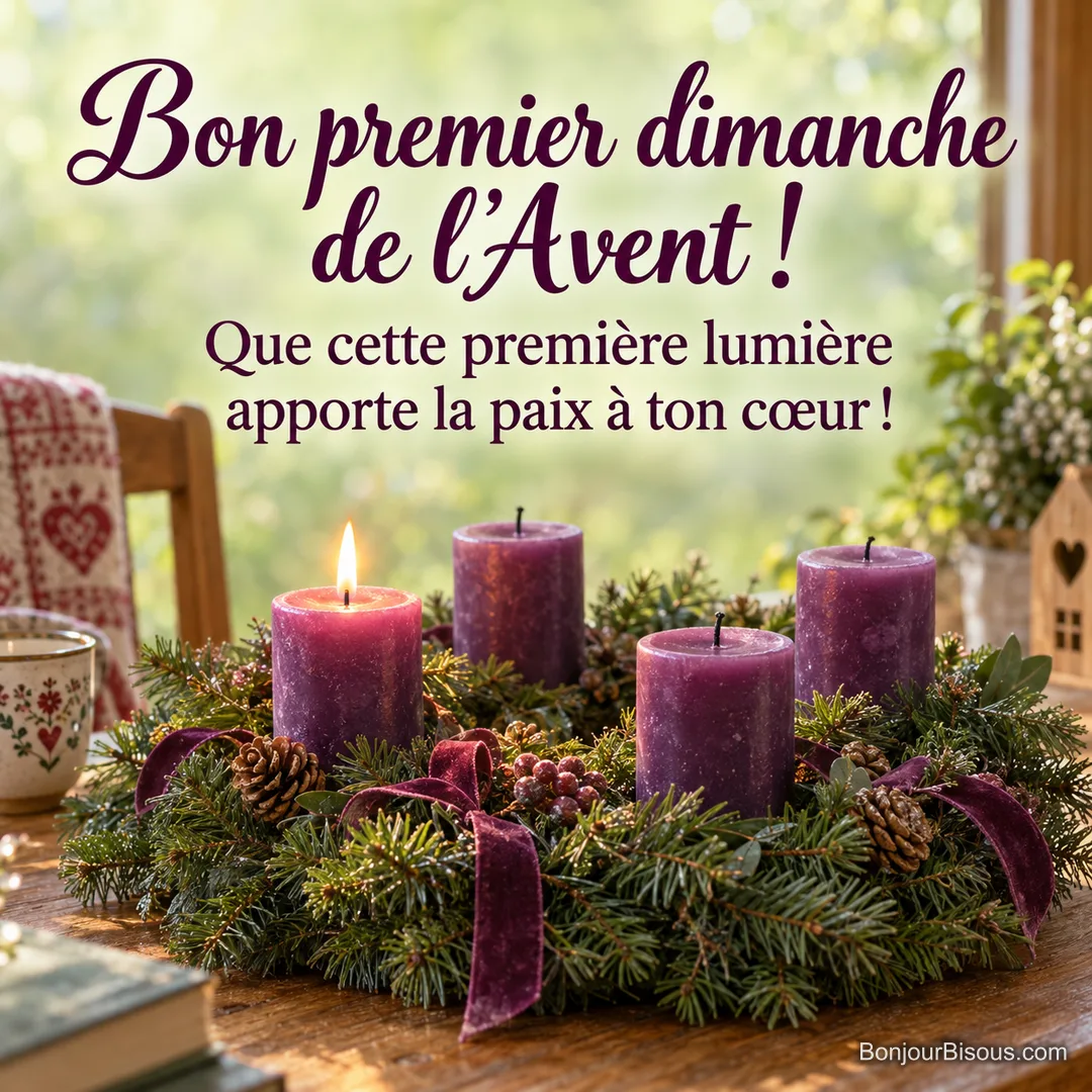 Une couronne de l’Avent porte quatre bougies violettes, dont une seule est allumée, avec le texte « Bon premier dimanche de l’Avent ! Que cette première lumière apporte la paix à ton cœur ! ». Une couronne de l’Avent porte quatre bougies violettes, dont une seule est allumée, avec le texte « Bon premier dimanche de l’Avent ! Que cette première lumière apporte la paix à ton cœur ! ».
