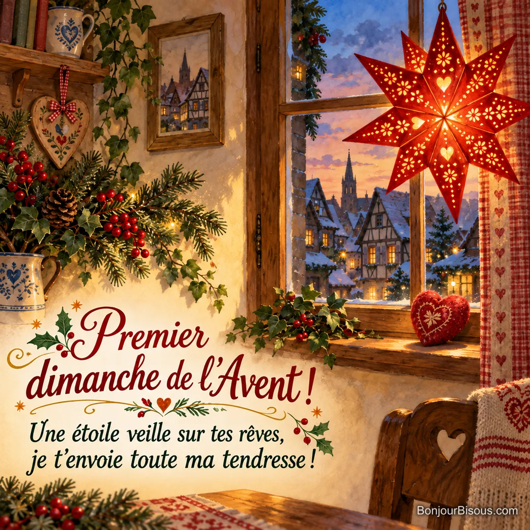 Une étoile lumineuse en papier rouge éclaire un petit cœur en laine au bord d’une fenêtre, avec le texte « Premier dimanche de l’Avent ! Une étoile veille sur tes rêves, je t’envoie toute ma tendresse ! ». Une étoile lumineuse en papier rouge éclaire un petit cœur en laine au bord d’une fenêtre, avec le texte « Premier dimanche de l’Avent ! Une étoile veille sur tes rêves, je t’envoie toute ma tendresse ! ».