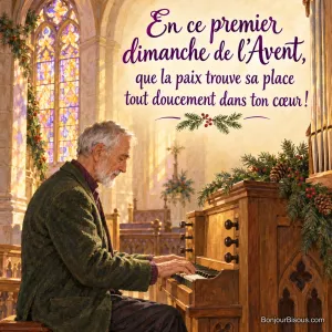 Un organiste joue dans la lumière dorée d’une église alsacienne, avec le texte « En ce premier dimanche de l’Avent, que la paix trouve sa place tout doucement dans ton cœur ! ».