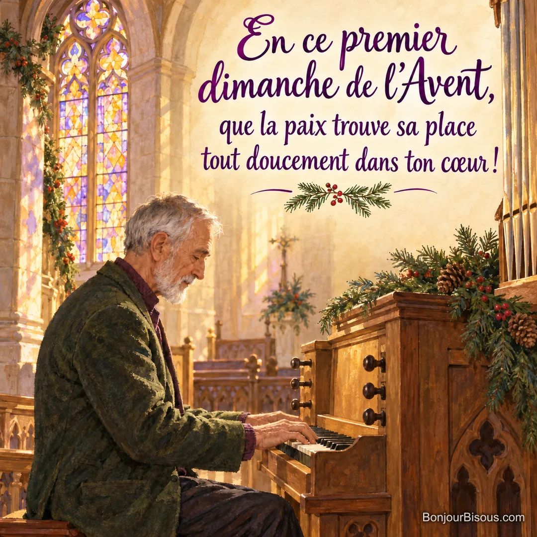 Un organiste joue dans la lumière dorée d’une église alsacienne, avec le texte « En ce premier dimanche de l’Avent, que la paix trouve sa place tout doucement dans ton cœur ! ». Un organiste joue dans la lumière dorée d’une église alsacienne, avec le texte « En ce premier dimanche de l’Avent, que la paix trouve sa place tout doucement dans ton cœur ! ».