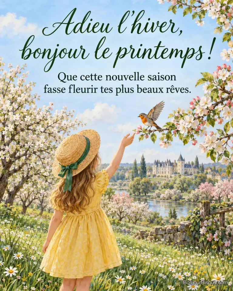 Peinture d’une fillette au chapeau de paille vue de dos qui tend la main vers un rouge-gorge sur une branche fleurie, avec la Loire et un château au loin, avec le texte « Adieu l’hiver, bonjour le printemps ! Que cette nouvelle saison fasse fleurir tes plus beaux rêves. »