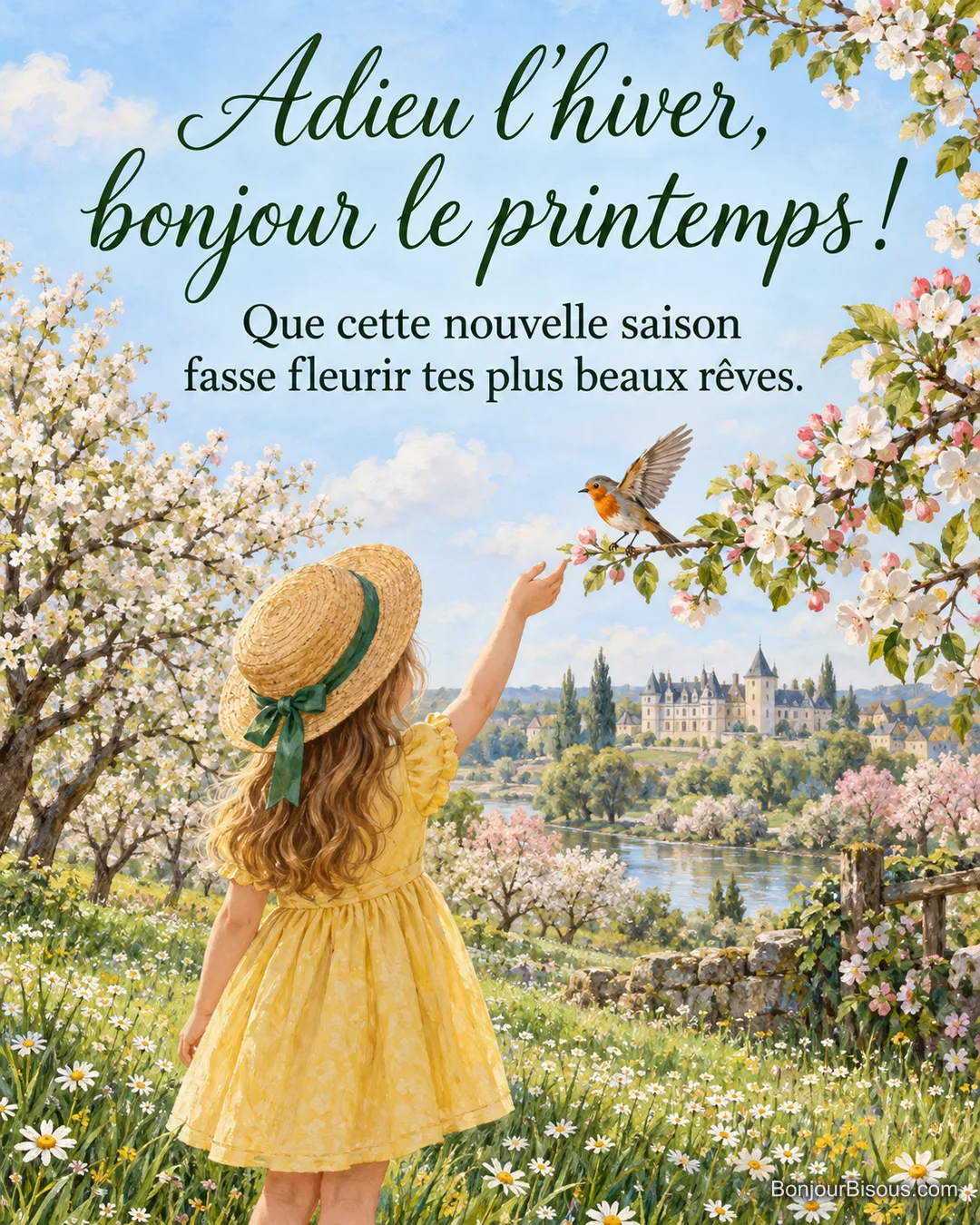 Peinture d’une fillette au chapeau de paille vue de dos qui tend la main vers un rouge-gorge sur une branche fleurie, avec la Loire et un château au loin, avec le texte « Adieu l’hiver, bonjour le printemps ! Que cette nouvelle saison fasse fleurir tes plus beaux rêves. » Peinture d’une fillette au chapeau de paille vue de dos qui tend la main vers un rouge-gorge sur une branche fleurie, avec la Loire et un château au loin, avec le texte « Adieu l’hiver, bonjour le printemps ! Que cette nouvelle saison fasse fleurir tes plus beaux rêves. »