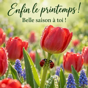 Photo de deux coccinelles sur la tige d’une tulipe rouge perlée de rosée, entourée de tulipes et de muscaris, avec le texte « Enfin le printemps ! Belle saison à toi ! »