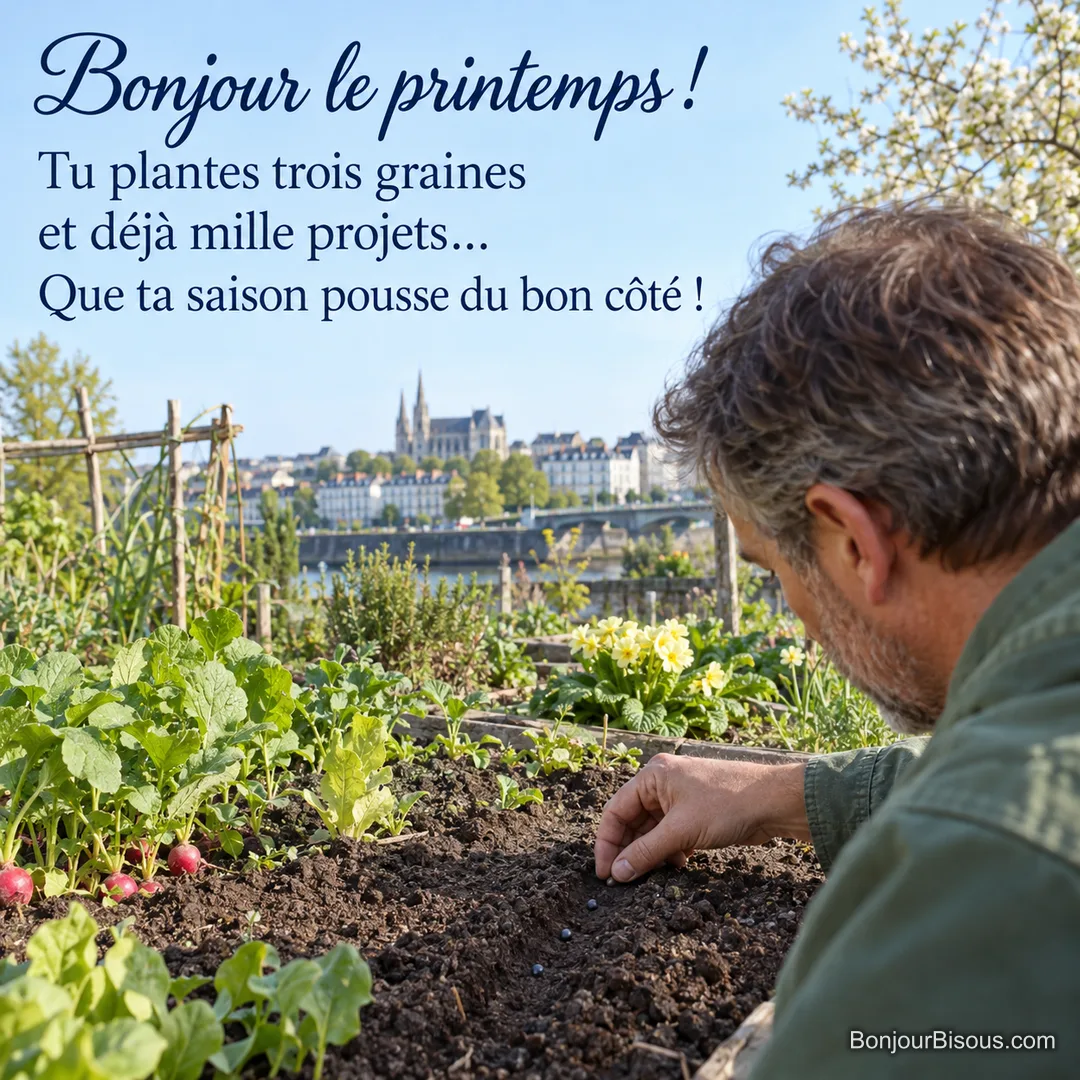 Un jardinier dépose des graines dans la terre d’un potager ensoleillé, avec le texte « Bonjour le printemps ! Tu plantes trois graines et déjà mille projets… Que ta saison pousse du bon côté ! ». Un jardinier dépose des graines dans la terre d’un potager ensoleillé, avec le texte « Bonjour le printemps ! Tu plantes trois graines et déjà mille projets… Que ta saison pousse du bon côté ! ».
