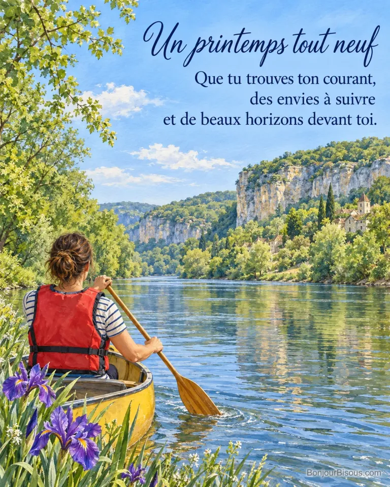 Une femme pagaie en canoë sur une rivière bordée d’iris, avec le texte « Un printemps tout neuf Que tu trouves ton courant, des envies à suivre et de beaux horizons devant toi. ».