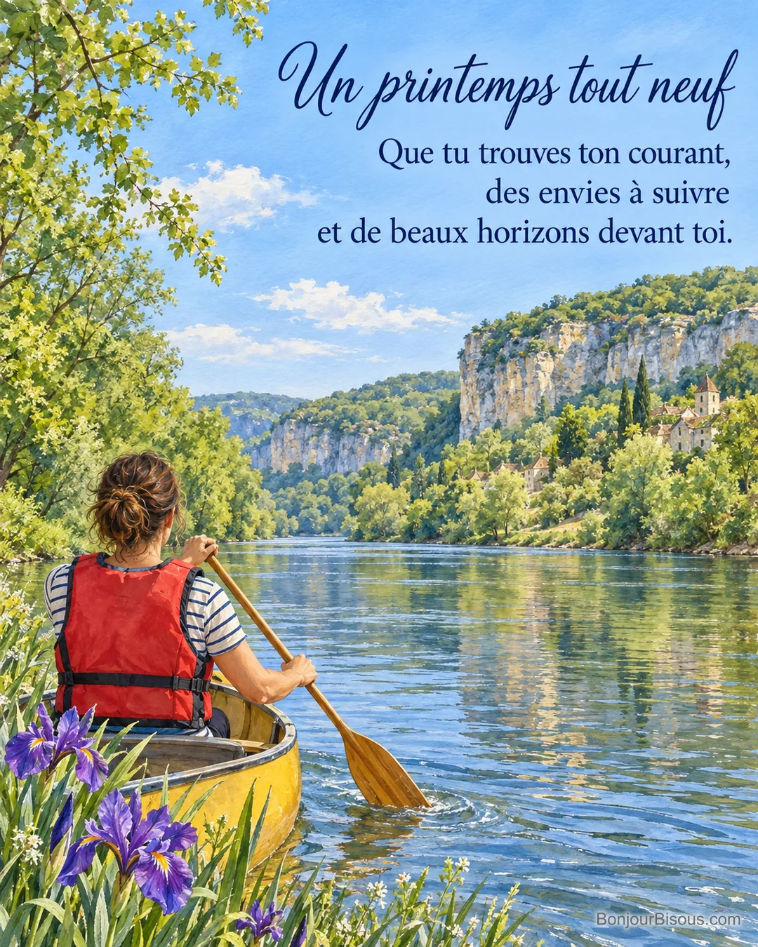 Une femme pagaie en canoë sur une rivière bordée d’iris, avec le texte « Un printemps tout neuf Que tu trouves ton courant, des envies à suivre et de beaux horizons devant toi. ». Une femme pagaie en canoë sur une rivière bordée d’iris, avec le texte « Un printemps tout neuf Que tu trouves ton courant, des envies à suivre et de beaux horizons devant toi. ».