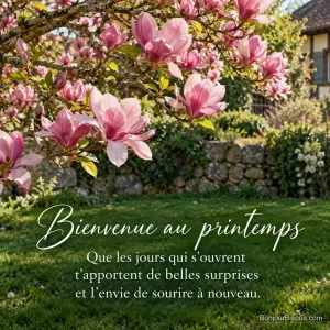Un magnolia rose s’ouvre au soleil dans un jardin alsacien, avec le texte « Bienvenue au printemps Que les jours qui s’ouvrent t’apportent de belles surprises et l’envie de sourire à nouveau. ».