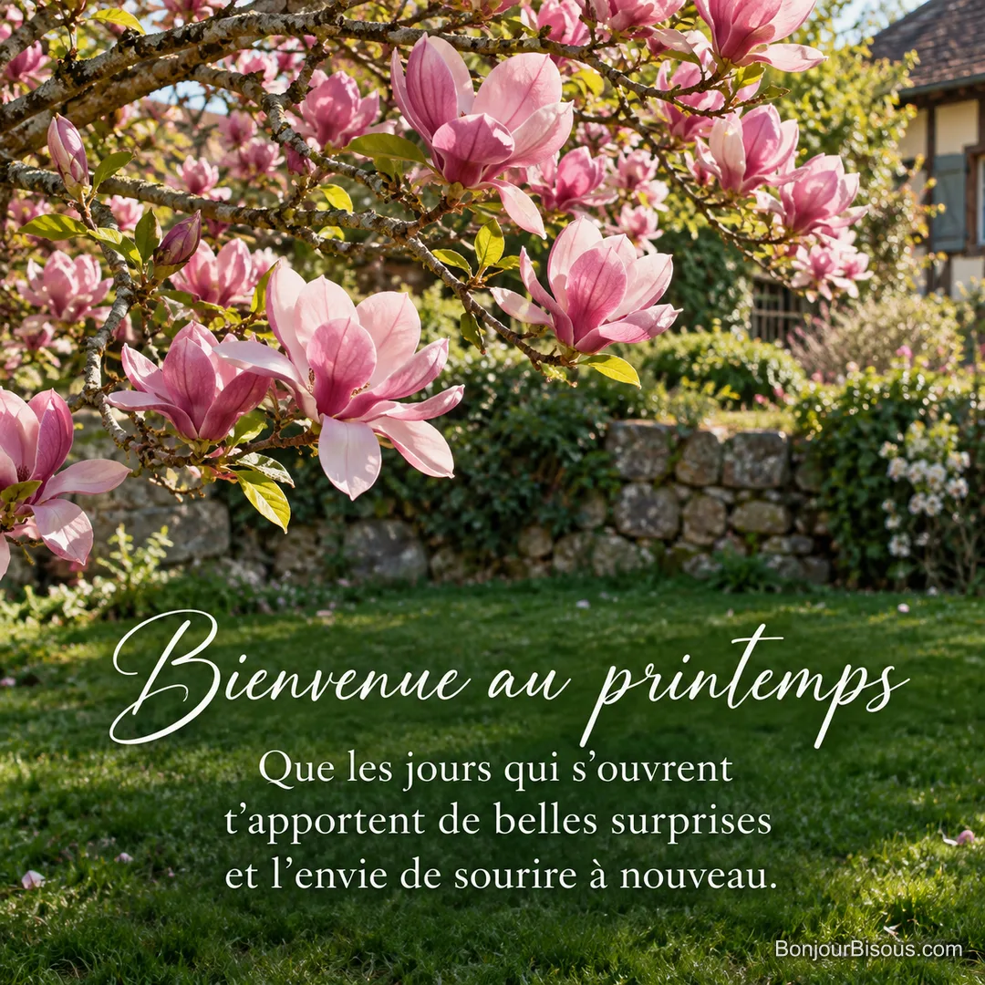 Un magnolia rose s’ouvre au soleil dans un jardin alsacien, avec le texte « Bienvenue au printemps Que les jours qui s’ouvrent t’apportent de belles surprises et l’envie de sourire à nouveau. ». Un magnolia rose s’ouvre au soleil dans un jardin alsacien, avec le texte « Bienvenue au printemps Que les jours qui s’ouvrent t’apportent de belles surprises et l’envie de sourire à nouveau. ».