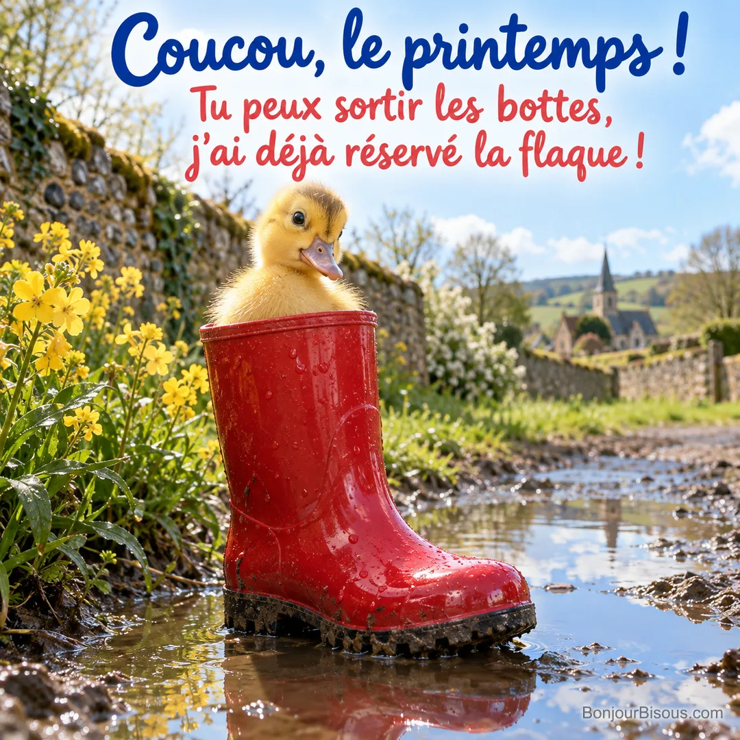 Un caneton jaune se tient dans une grande botte rouge au milieu d’une flaque printanière, avec le texte « Coucou, le printemps ! Tu peux sortir les bottes, j’ai déjà réservé la flaque ! ». Un caneton jaune se tient dans une grande botte rouge au milieu d’une flaque printanière, avec le texte « Coucou, le printemps ! Tu peux sortir les bottes, j’ai déjà réservé la flaque ! ».